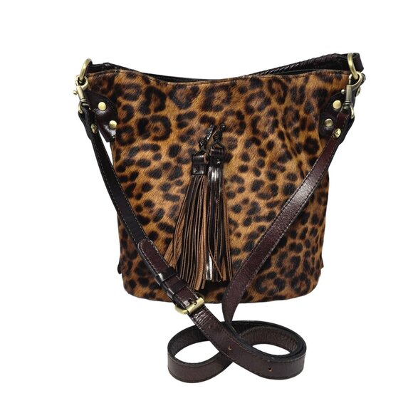 Patricia Nash Torresina Bucket Bag Handbag Leopard Print Brown Leather Tassel - Picture 1 of 16